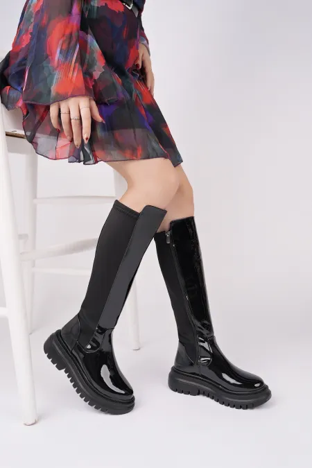 Bottes Muggo NEROX pour femmes, semelle épaisse, détails extensibles et fermeture éclair