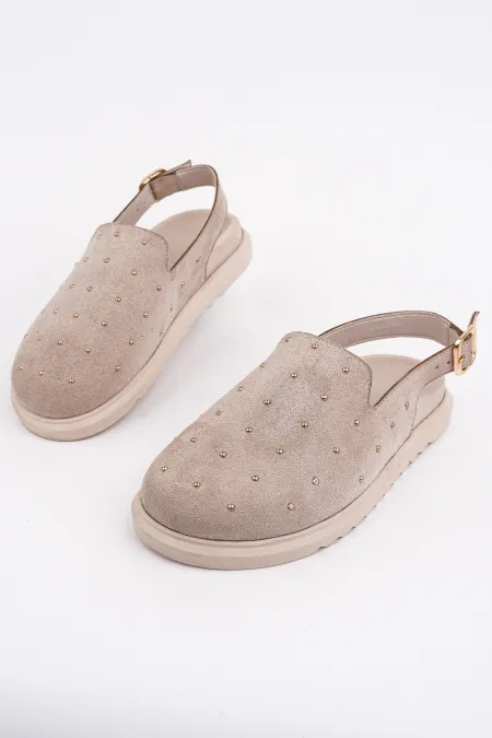 Muggo LİLOW Süet Deri Gold Zımbalı Ayarlanabilir Tokalı Günlük Rahat Önü Kapalı Kadın Sandalet