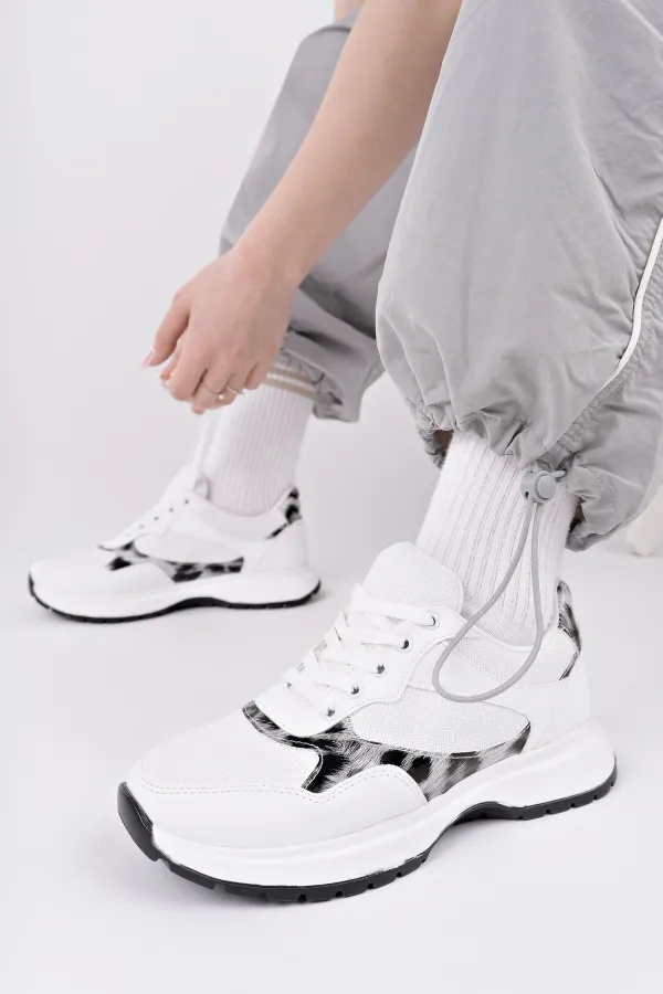 Muggo MELODY Kadın Kalın Taban Günlük Leopar Desenli Bağcıklı Sneaker Spor Ayakkabı