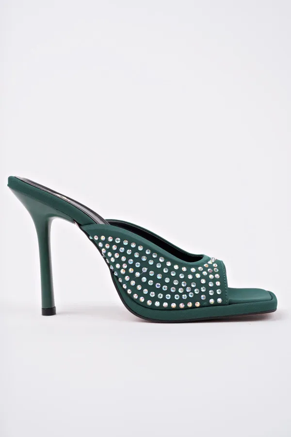 Muggo PUJA Küt Burun İnce Topuklu Taşlı Kadın Topuklu Terlik