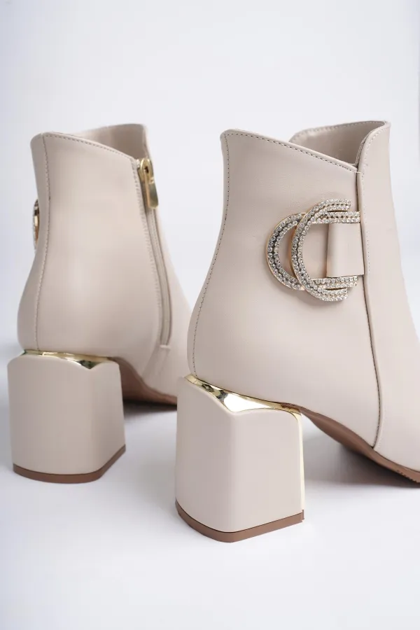 Muggo QADRA Guaranteed Pointed Toe Chunky Heel Women's Boot with Buckle Detail and Zipper