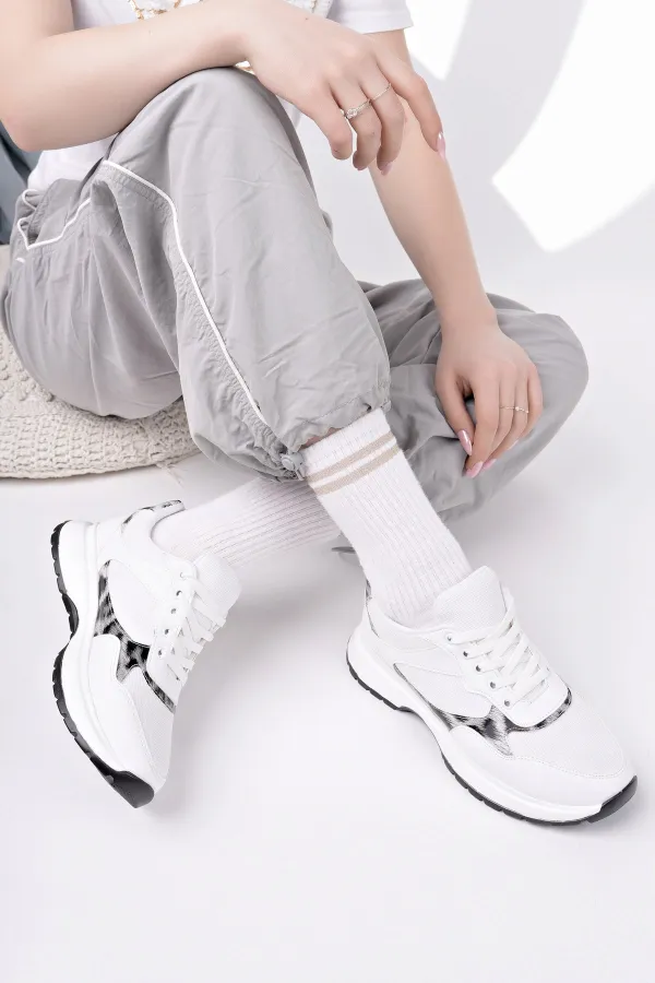 Muggo MELODY Kadın Kalın Taban Günlük Leopar Desenli Bağcıklı Sneaker Spor Ayakkabı