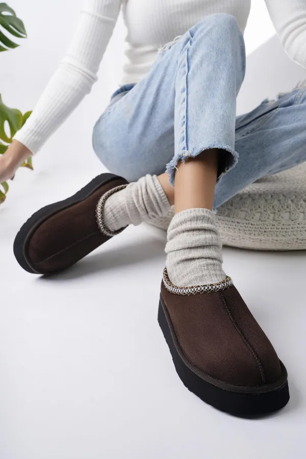 Muggo LİNG Garantili Kalın Taban Içi Tüylü Yuvarlak Burunlu Kadın Terlik