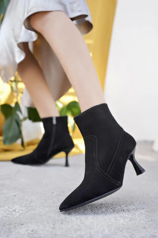 Muggo NATALİE Garantili Hakiki Deri Sivri Burun Fermuarlı İnce Topuklu Kadın Bot