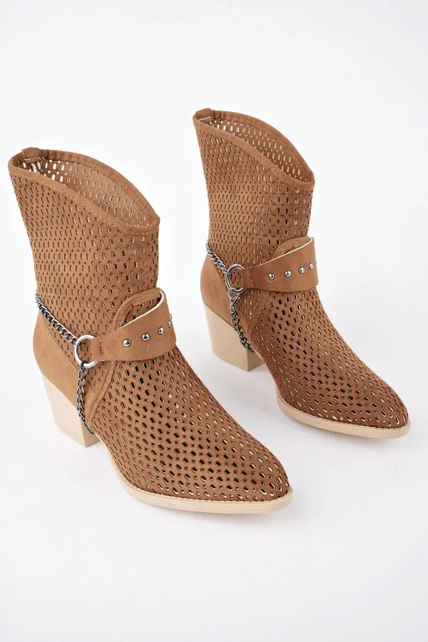 Muggo BURNİNG Garantili Kadın Lazer Kesim Zincir Detaylı Delikli Kovboy Yazlık Topuklu Festival Bot