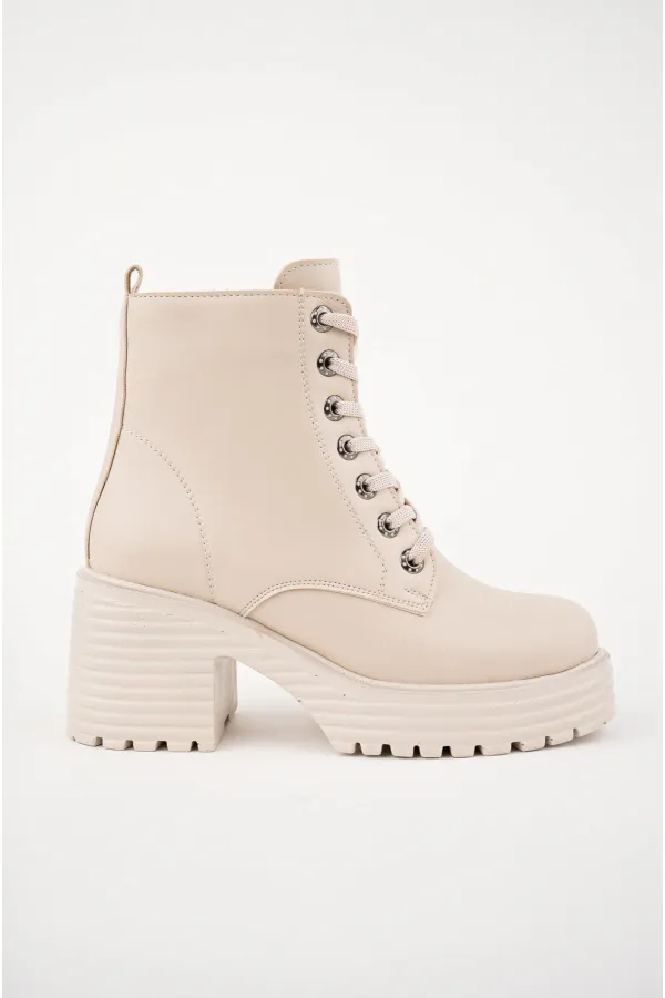 Muggo GRAZi Garantili Kalın Taban Platform Topuklu Fermuarlı Bağcıklı Kadın Bot