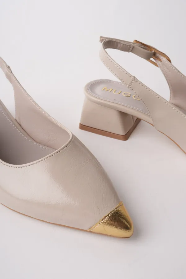 Chaussures à talons bas pour femmes Muggo CHANCE, bout pointu doré et talon ouvert à l'arrière, avec détail sur les orteils