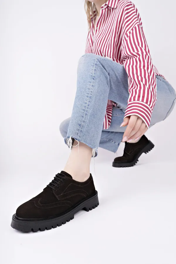 Muggo AMOUR  Bağcıklı Hakiki Deri Kalın Taban Günlük Casual Makosen Kadın Loafer Ayakkabı