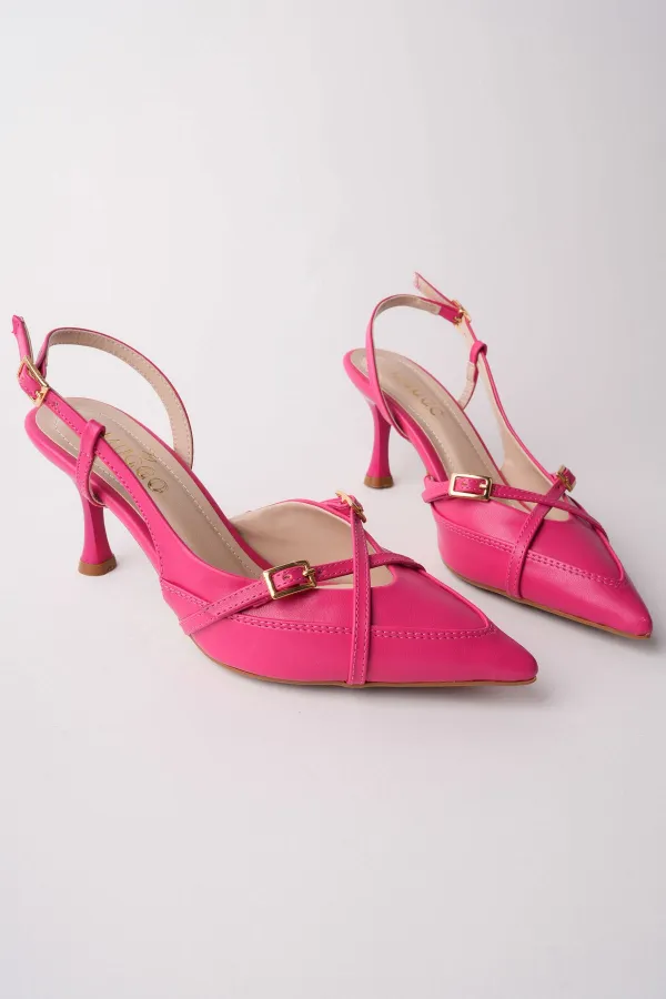 Muggo İCONS Sivri Burun Arkası Açık Kemer Detaylı İki Bantlı Kadın Topuklu Ayakkabı