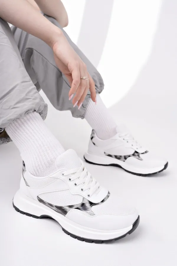 Muggo MELODY Kadın Kalın Taban Günlük Leopar Desenli Bağcıklı Sneaker Spor Ayakkabı