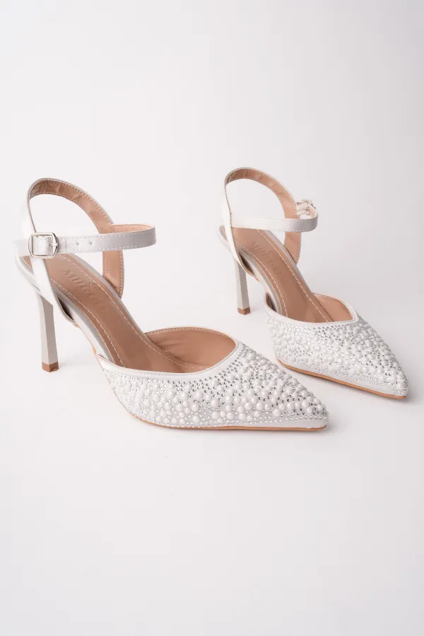 Muggo CLUJ Pearl Embellished Pointed Toe Ankle Strap Women's Dress High Heels