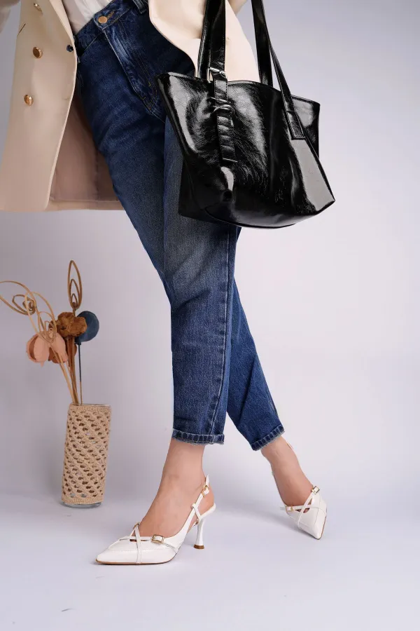 Muggo ICONS Pointed Toe Open Back Belt Detail Two Strap Women's High Heel Shoes