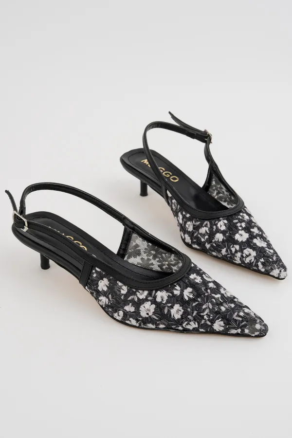 Muggo SPRİNG Çiçek Desenli Tül Dokulu Sivri Burun Arkası Açık Kadın Topuklu Ayakkabı Muggo SPRİNG Çiçek Desenli Tül Dokulu Sivri Burun Arkası Açık Kadın Topuklu Ayakkabı