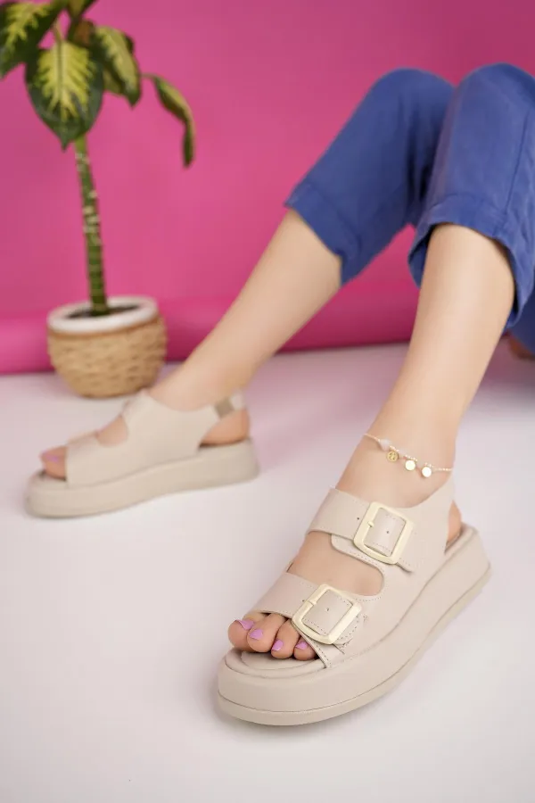 Muggo JASMINE Guaranteed Platform Heel Double Strap Buckle Detail Elastic Women's Sandals