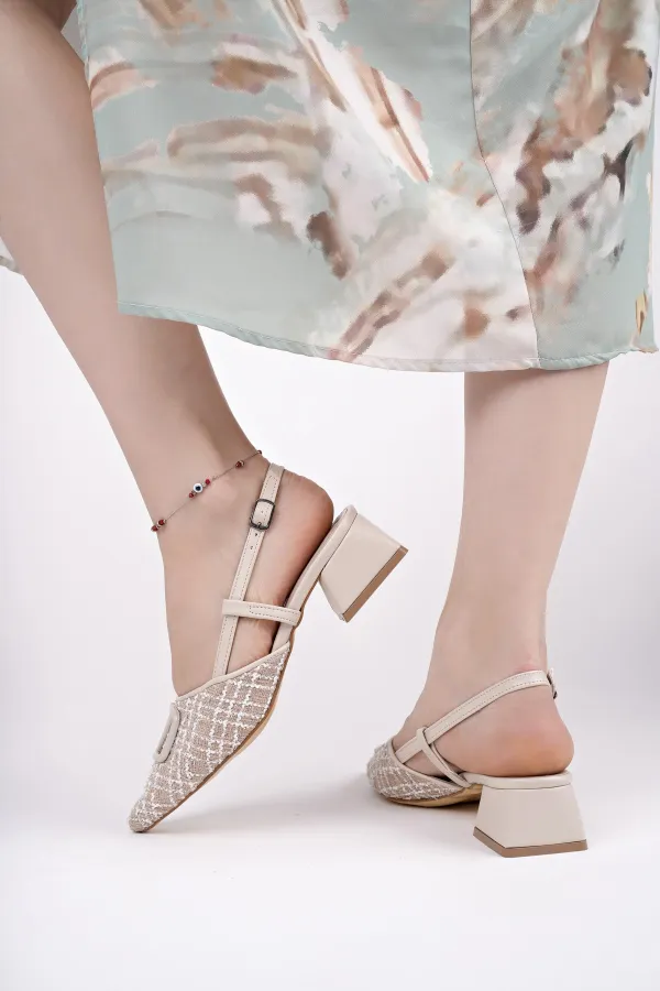 Muggo JUMANİ Sivri Burun Tokalı Arkası Açık Klasik Kısa Topuklu Kadın Ayakkabı