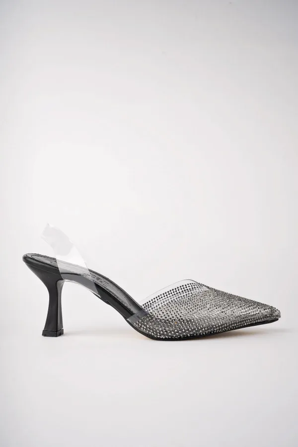 Muggo JULİET Garantili Kadın Sivri Burun Parlak Taşlı Arkası Açık Şeffaf Bantlı Topuklu Ayakkabı