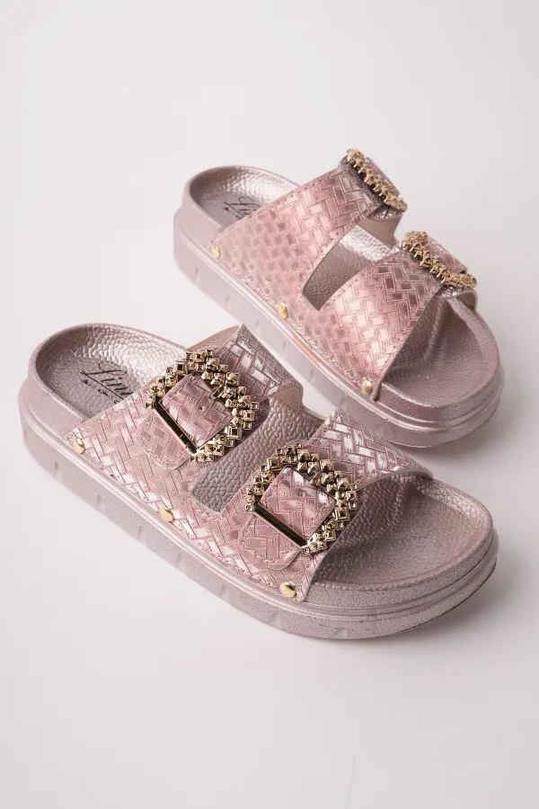 Muggo GLITZA Shiny Textured Double Buckle Casual Women's Slippers Muggo GLITZA Shiny Textured Double Buckle Casual Women's Slippers