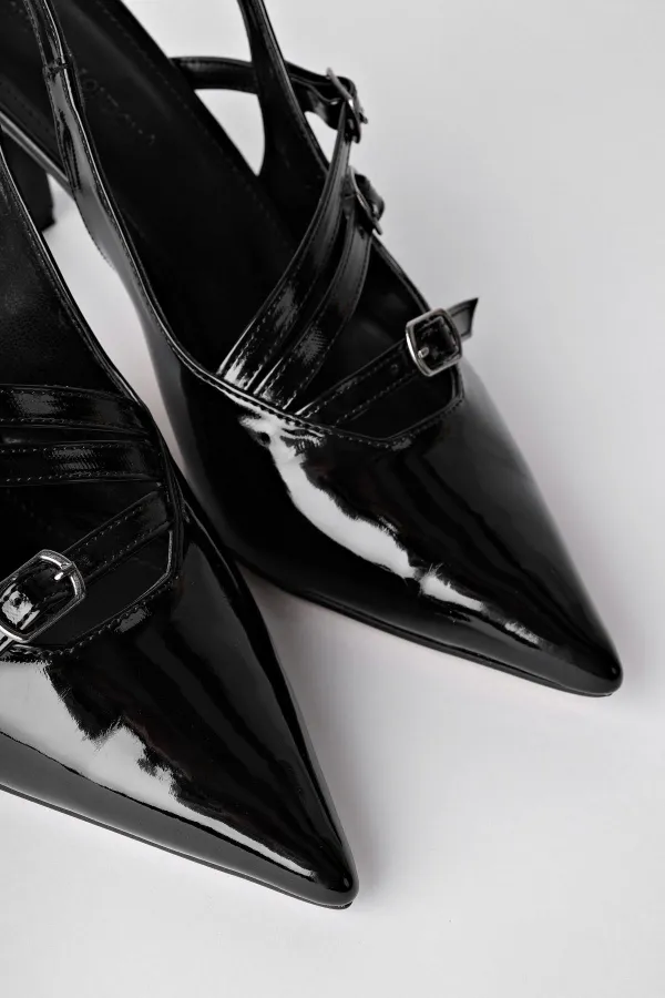 Muggo KİDMAN Garantili Arkası Açık Kemer Detaylı Üç Bantlı Rugan Kadın Topuklu Ayakkabı