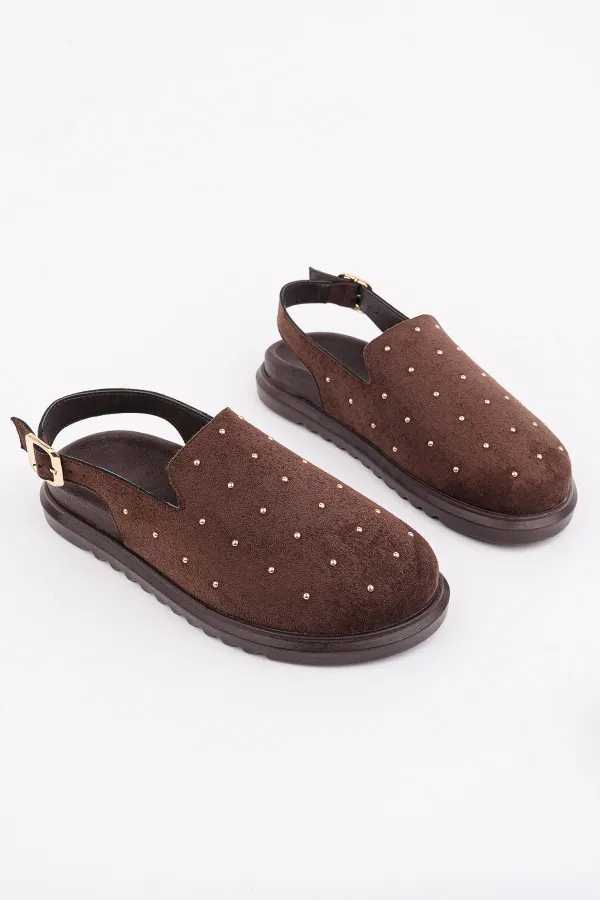 Muggo LİLOW Süet Deri Gold Zımbalı Ayarlanabilir Tokalı Günlük Rahat Önü Kapalı Kadın Sandalet