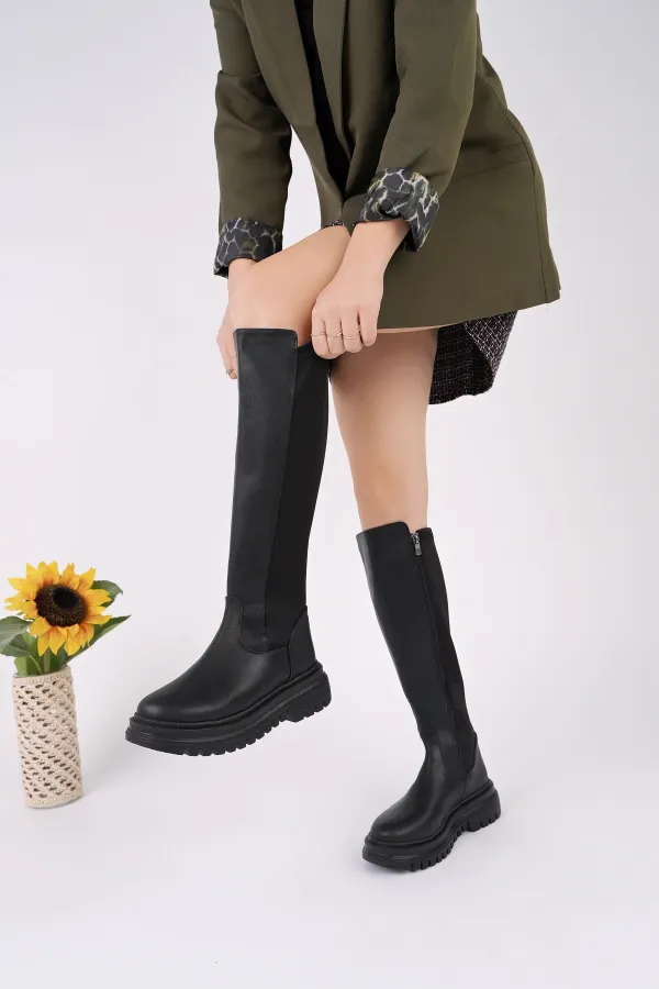 Bottes Muggo NEROX pour femmes, semelle épaisse, détails extensibles et fermeture éclair