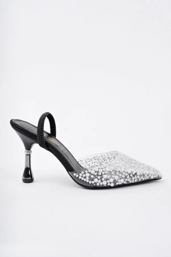 Muggo MARGARET Rhinestone Embellished Pointed Toe Open Back Elastic Women's Classic High Heel Shoes