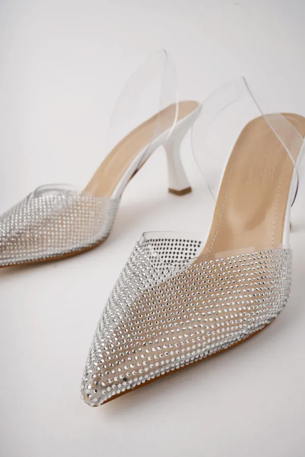 Muggo JULİET Garantili Kadın Sivri Burun Parlak Taşlı Arkası Açık Şeffaf Bantlı Topuklu Ayakkabı