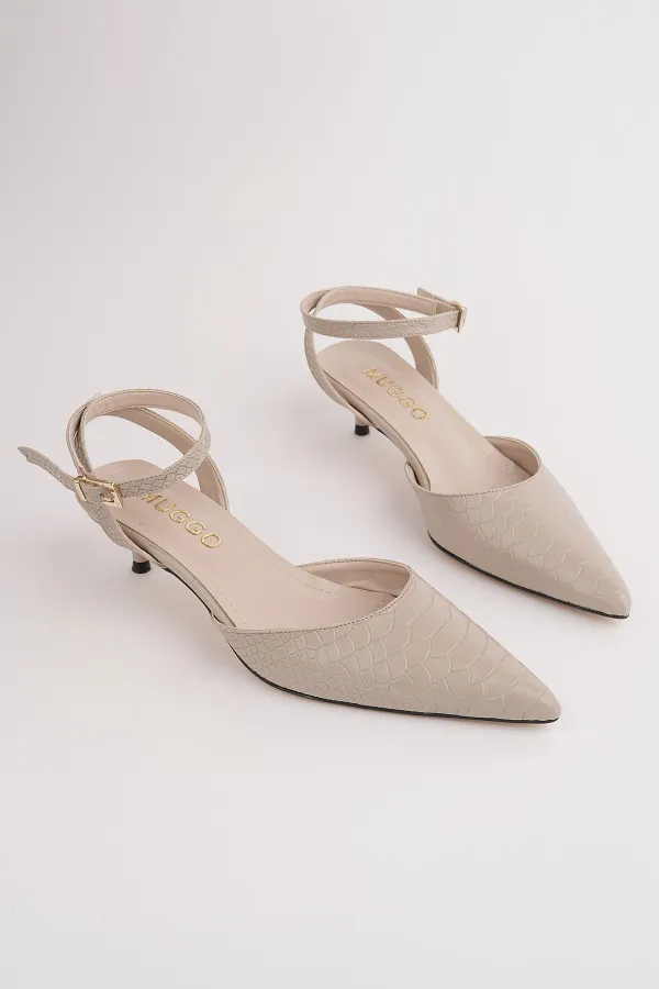 Muggo KICK Women's Crocodile Pattern Pointed Toe Thin Heel Ankle Strap Shoes