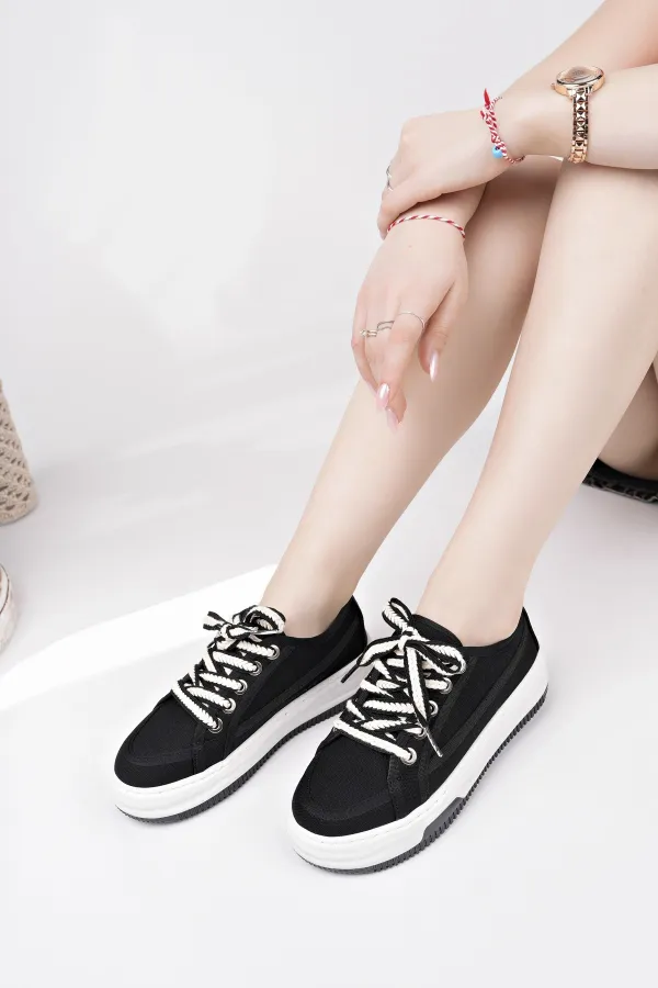 Muggo CARİNA Kalın Taban Keten Kumaş Bağcıklı Kadın Günlük Sneaker Spor Ayakkabı