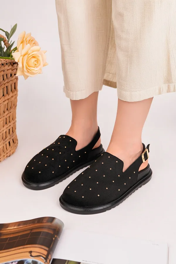 Muggo LİLOW Süet Deri Gold Zımbalı Ayarlanabilir Tokalı Günlük Rahat Önü Kapalı Kadın Sandalet