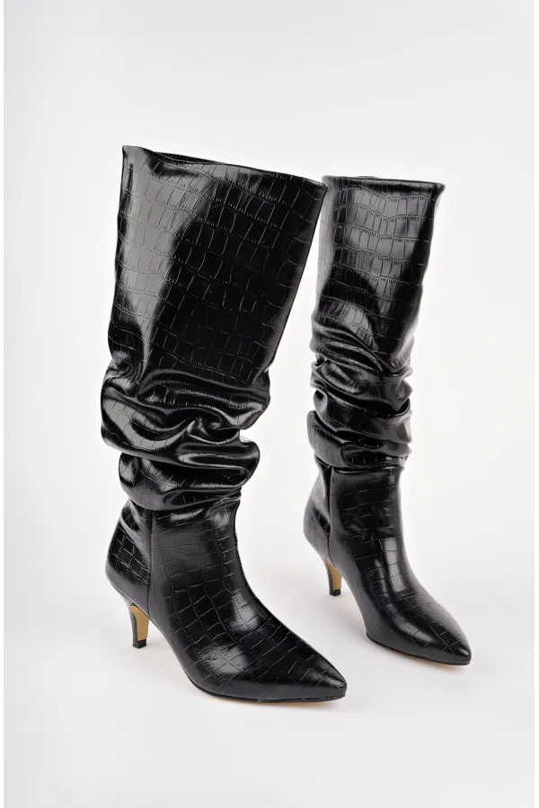 Bottes Muggo RUMBA à bout pointu, talon fin et motif crocodile froissé