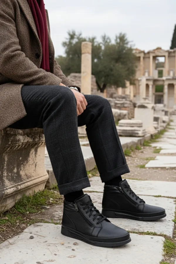 Bottes d'hiver pour hommes Muggo TITAN en cuir véritable doublées de fourrure, fermeture éclair et lacets