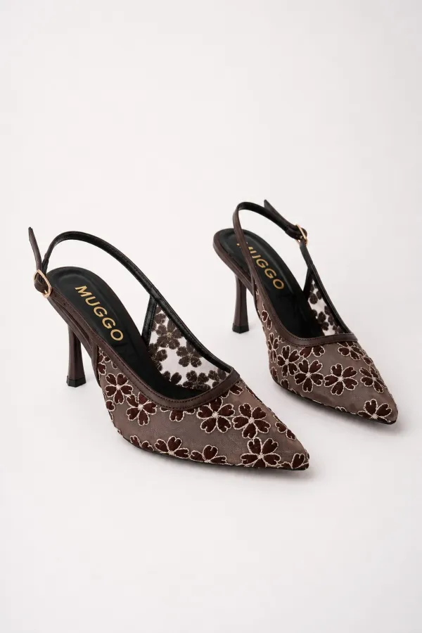 Muggo ARIS Lace Detail Pointed Toe Open Back Thin Heel Women's Dress Shoes