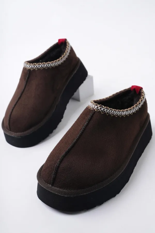 Muggo LİNG Garantili Kalın Taban Içi Tüylü Yuvarlak Burunlu Kadın Terlik