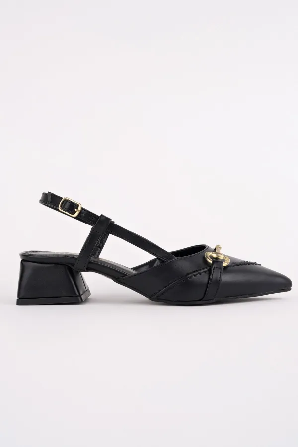 Muggo ELVIA Pointed Toe Open Back Women's Low Heel Shoes with Metal Accessories