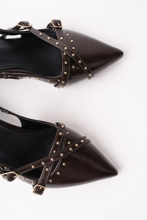 Chaussures à talons bas pour femmes Muggo JOLY, bout pointu et talon ouvert, avec accessoires métalliques