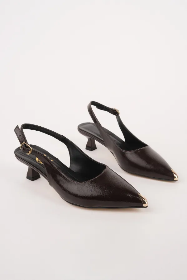 Muggo VUXIA Pointed Toe Metal Toe Detail Open Back Women's High Heel Shoes