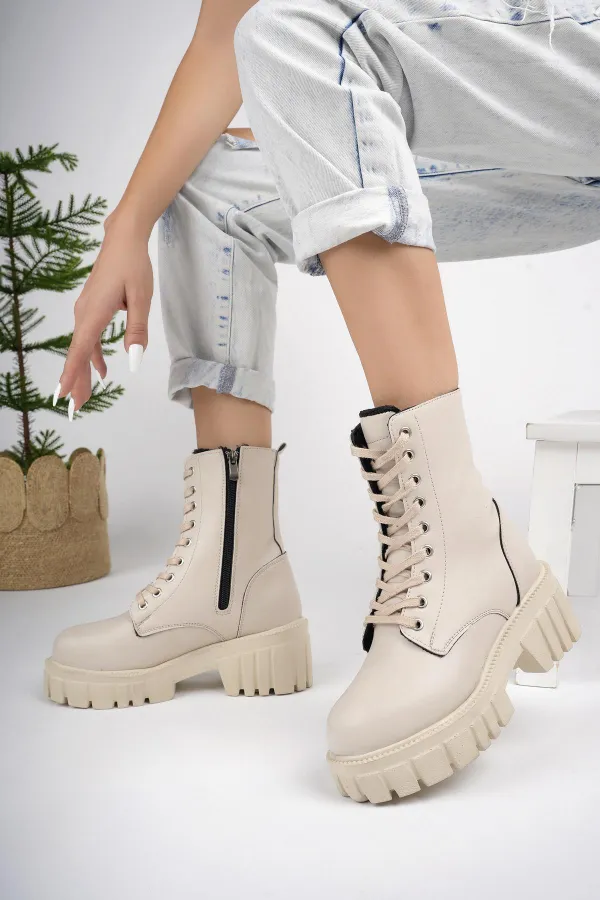 Muggo JUST Guaranteed Thick Sole Zippered Lace-up Women's Combat Boots 