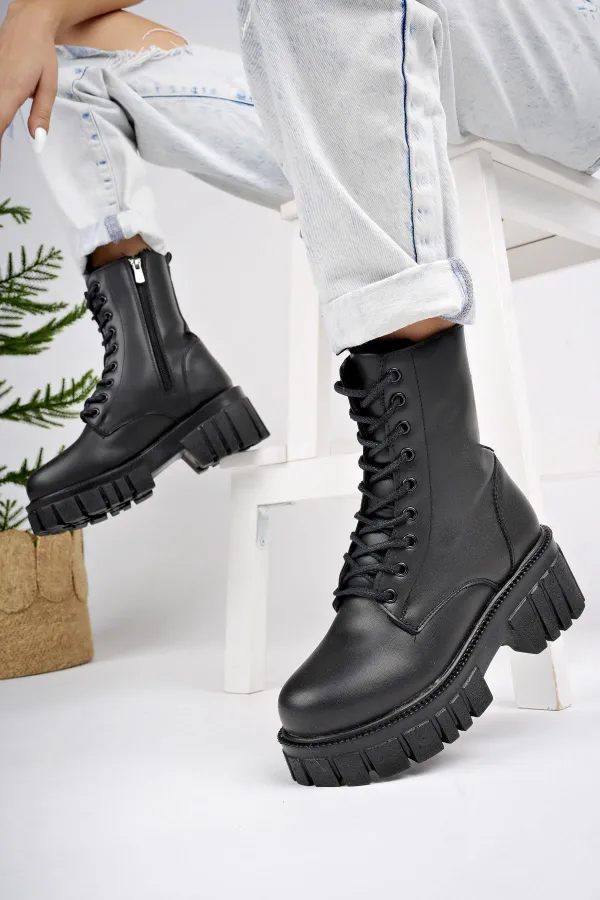 Muggo JUST Guaranteed Thick Sole Zippered Lace-up Women's Combat Boots 