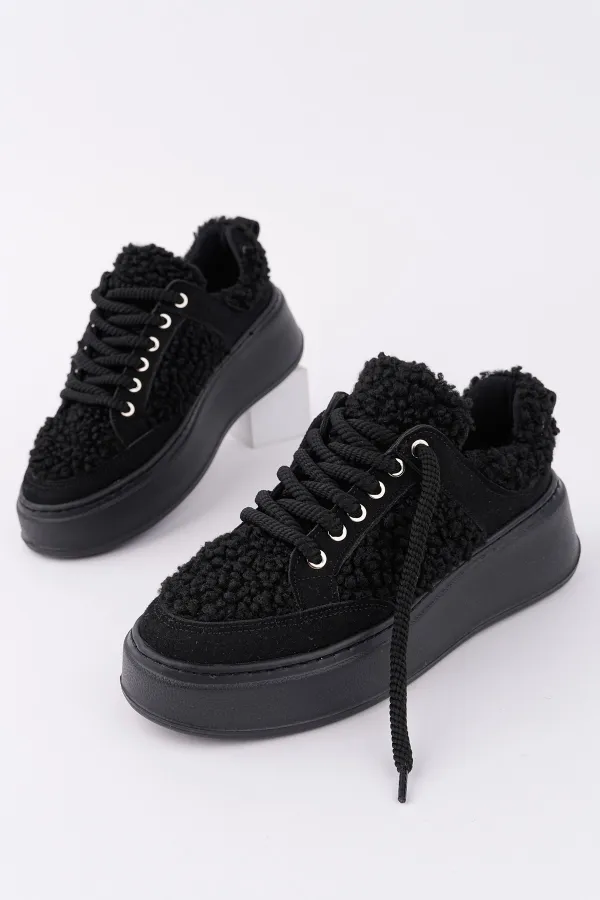 Chaussures de sport d'hiver pour femmes Muggo FLEECY à semelle épaisse et lacets, ornées de détails en peluche