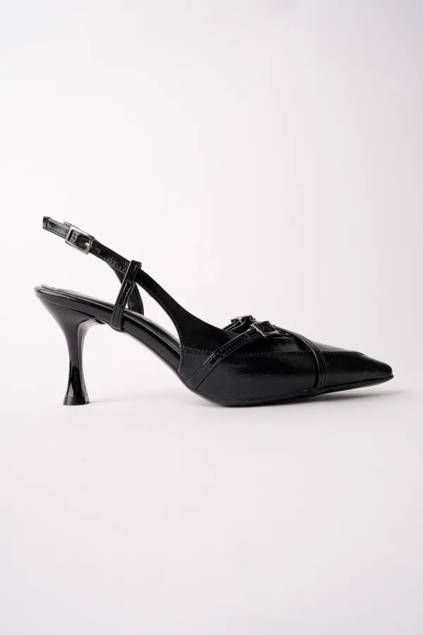 Muggo ICONS Pointed Toe Open Back Belt Detail Two Strap Women's High Heel Shoes