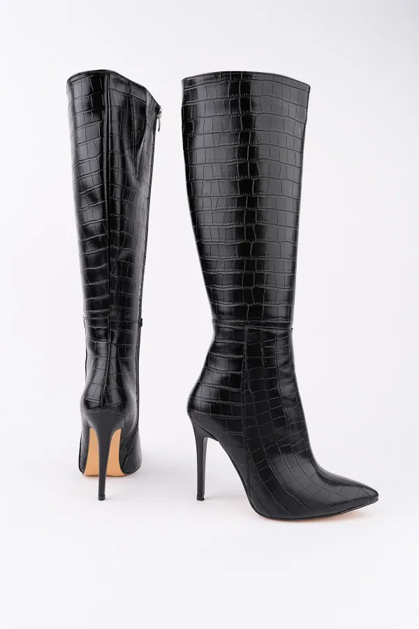 Muggo ZEST Crocodile Pattern Pointed Toe Zip-Up Thin Heel Women's Boots