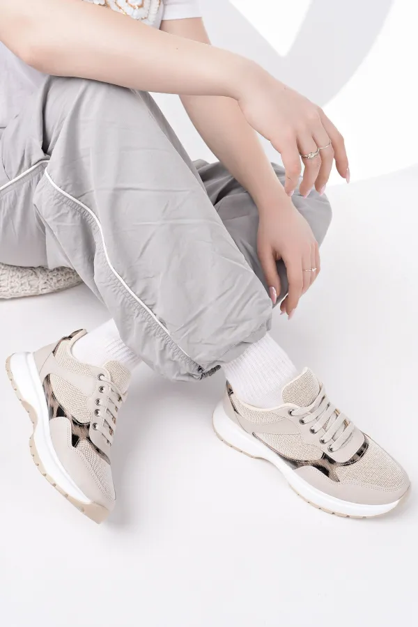 Muggo MELODY Kadın Kalın Taban Günlük Leopar Desenli Bağcıklı Sneaker Spor Ayakkabı