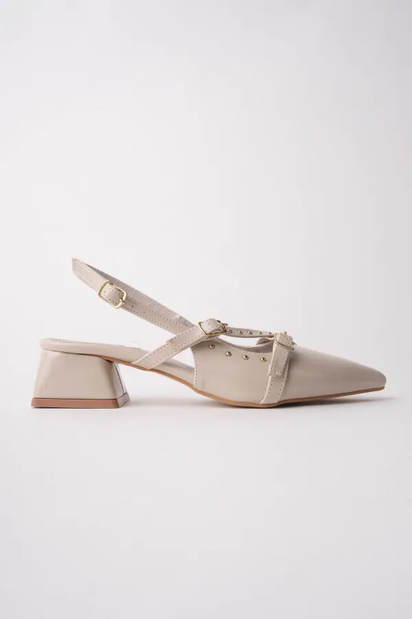 Chaussures à talons bas pour femmes Muggo JOLY, bout pointu et talon ouvert, avec accessoires métalliques