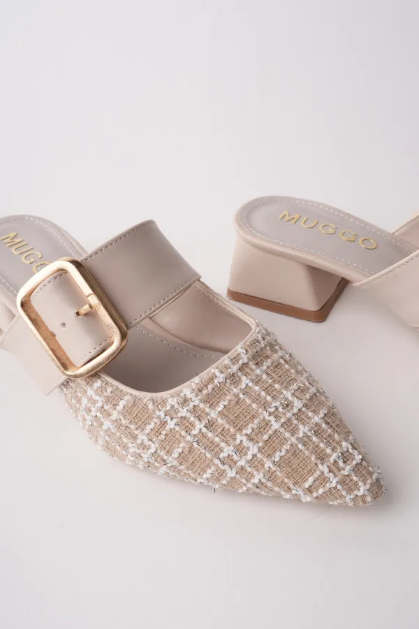 Muggo DESTİNY Gold Tokalı Tek Bant Sivri Burun Kadın Topuklu Terlik