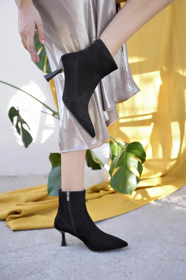 Muggo NATALİE Garantili Hakiki Deri Sivri Burun Fermuarlı İnce Topuklu Kadın Bot