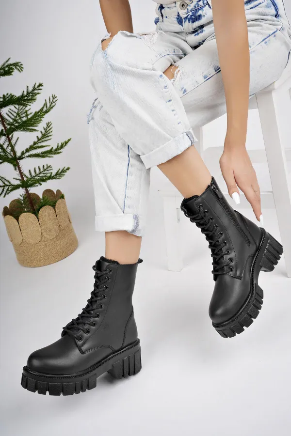 Muggo JUST Guaranteed Thick Sole Zippered Lace-up Women's Combat Boots 