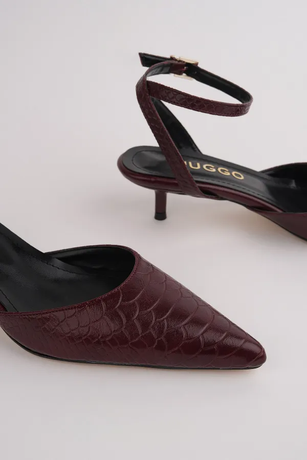 Muggo KICK Women's Crocodile Pattern Pointed Toe Thin Heel Ankle Strap Shoes