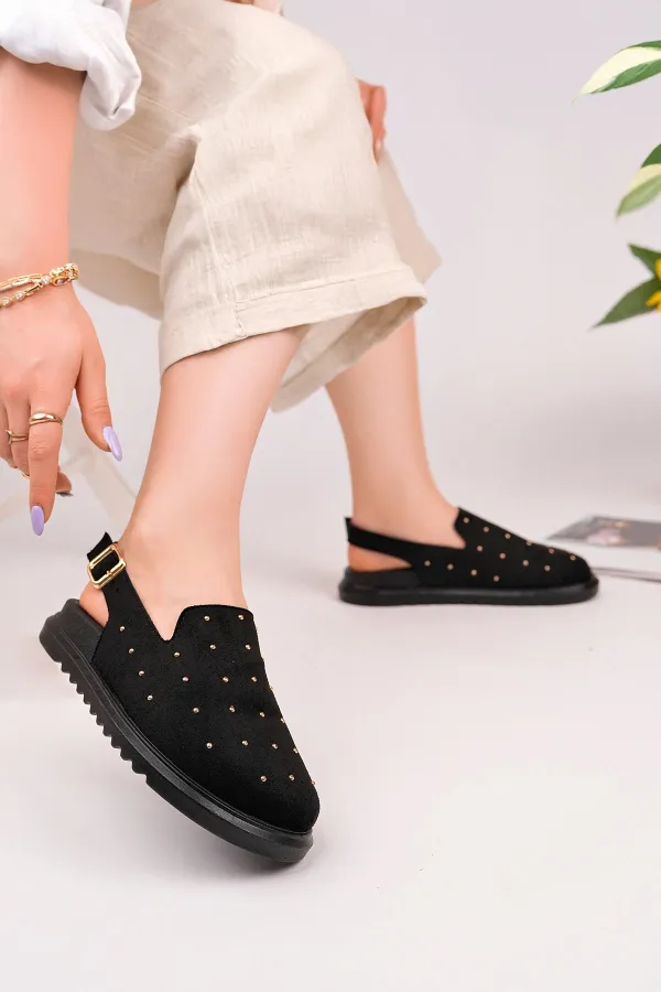 Muggo LİLOW Süet Deri Gold Zımbalı Ayarlanabilir Tokalı Günlük Rahat Önü Kapalı Kadın Sandalet