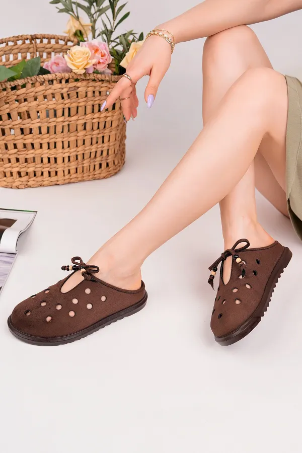 Muggo SHAMMY Suede Leather Perforated Lace-up Casual Closed Toe Women's Slippers Muggo SHAMMY Suede Leather Perforated Lace-up Casual Closed Toe Women's Slippers