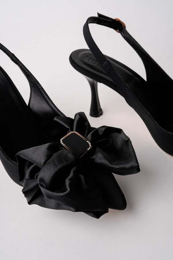 Muggo SISSY Satin Bow Buckle Pointed Toe Open Back Women's High Heels